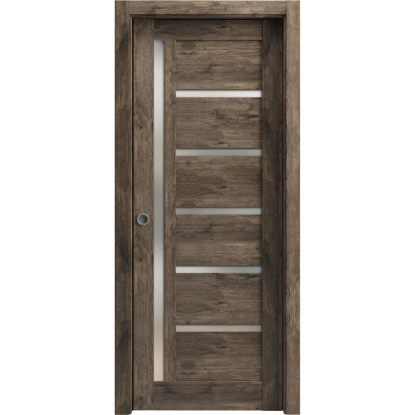 Sliding French Pocket Door | Quadro 4088 Cognac Oak with Frosted Glass | Kit Trims Rail Hardware | Solid Wood Interior Bedroom Sturdy Doors