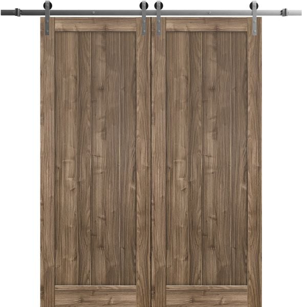 Sliding Double Barn Doors Hardware | Quadro 4111 Walnut | Silver 13FT Rail Sturdy Set | Kitchen Lite Wooden Solid Panel Interior Bedroom Bathroom Door