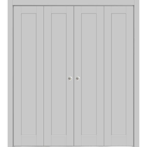 Sliding Closet Double Bi-fold Doors | Quadro 4111 Matte Grey with Glass | Sturdy Tracks Moldings Trims Hardware Set | Wood Solid Bedroom Wardrobe Doors 
