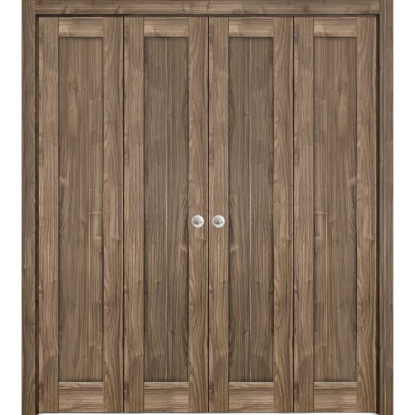 Sliding Closet Double Bi-fold Doors | Quadro 4111 Walnut with Glass | Sturdy Tracks Moldings Trims Hardware Set | Wood Solid Bedroom Wardrobe Doors 