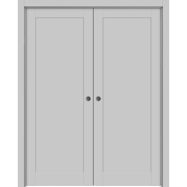 French Double Pocket Doors | Quadro 4111 Matte Grey | Kit Trims Rail Hardware | Solid Wood Interior Pantry Kitchen Bedroom Sliding Closet Sturdy Door