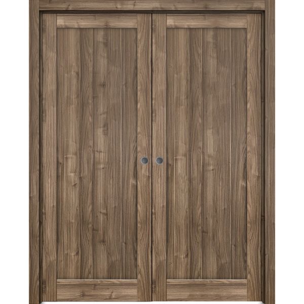 French Double Pocket Doors | Quadro 4111 Walnut | Kit Trims Rail Hardware | Solid Wood Interior Pantry Kitchen Bedroom Sliding Closet Sturdy Door