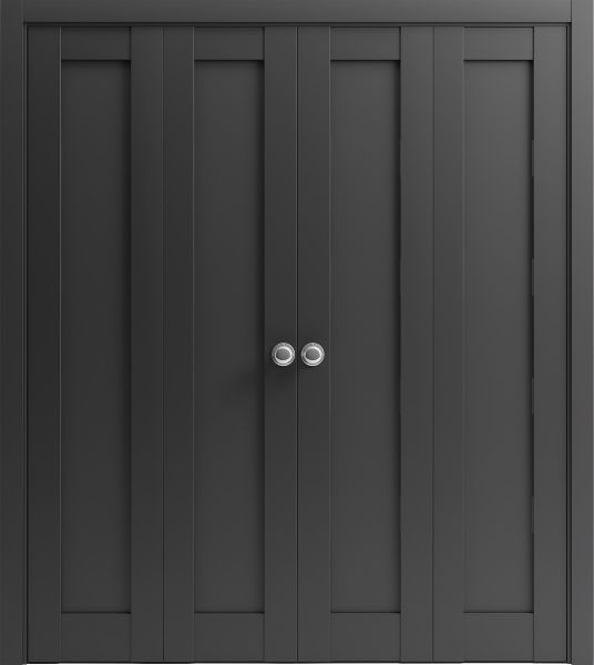 Sliding Closet Double Bi-fold Doors | Quadro 4111 Matte Black with Glass | Sturdy Tracks Moldings Trims Hardware Set | Wood Solid Bedroom Wardrobe Doors 