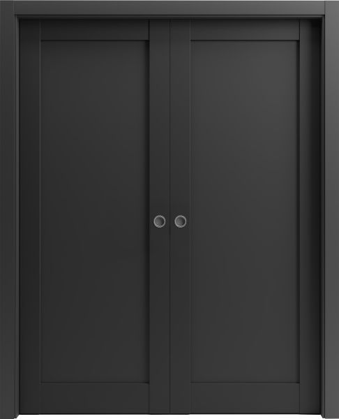 French Double Pocket Doors | Quadro 4111 Matte Black | Kit Trims Rail Hardware | Solid Wood Interior Pantry Kitchen Bedroom Sliding Closet Sturdy Door