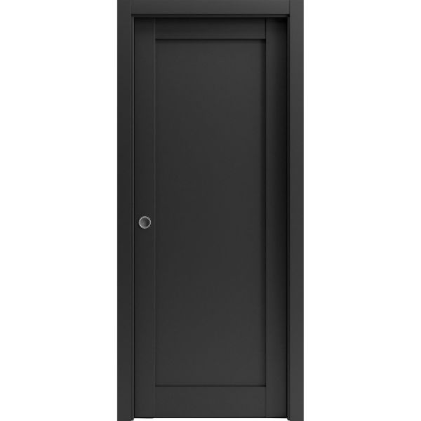 Panel Lite Pocket Door | Quadro 4111 Matte Black | Kit Trims Rail Hardware | Solid Wood Interior Pantry Kitchen Bedroom Sliding Closet Sturdy Doors