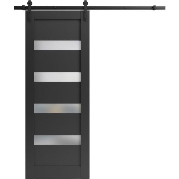 Sliding Barn Door with Hardware | Quadro 4113 Matte Black with Frosted Glass | 6.6FT Rail Hangers Sturdy Set | Lite Wooden Solid Panel Interior Doors