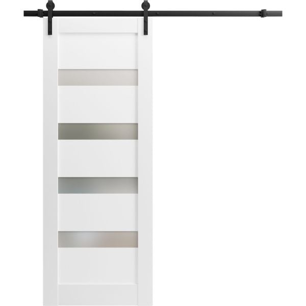 Sliding Barn Door with Hardware | Quadro 4113 White Silk with Frosted Opaque Glass | 6.6FT Rail Hangers Sturdy Set | Lite Wooden Solid Panel Interior Doors-18" x 80"-Black Rail