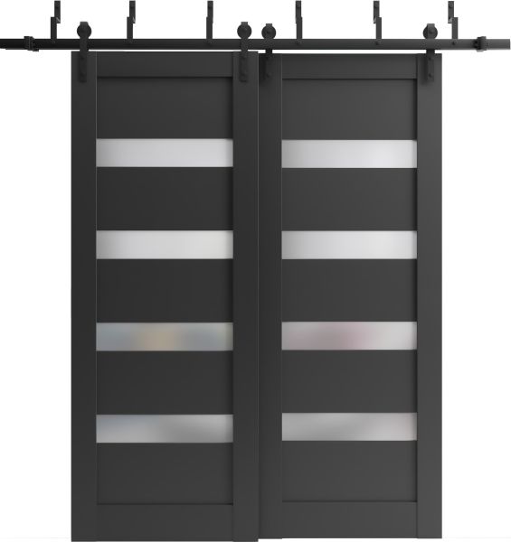 Barn Bypass Doors with 6.6ft Hardware | Quadro 4113 Matte Black with Frosted Glass | Sturdy Heavy Duty Rails Kit Steel Set | Double Sliding Lite Panel Door