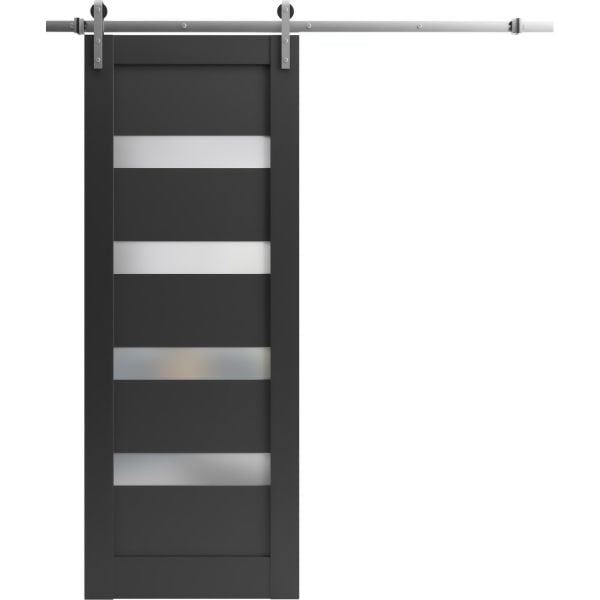 Sliding Barn Door with Hardware | Quadro 4113 Matte Black with Frosted Opaque Glass | Silver 6.6FT Rail Hangers Sturdy Set | Lite Wooden Solid Panel Interior Doors