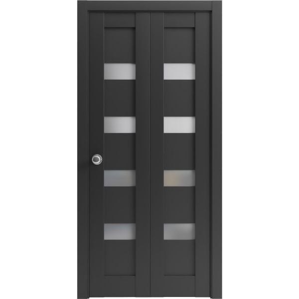 Sliding Closet Bi-fold Doors | Quadro 4113 Matte Black with Frosted Glass | Sturdy Tracks Moldings Trims Hardware Set | Wood Solid Bedroom Wardrobe Doors 