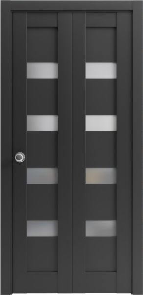 Sliding Closet Bi-fold Doors | Quadro 4113 Matte Black with Frosted Glass | Sturdy Tracks Moldings Trims Hardware Set | Wood Solid Bedroom Wardrobe Doors 