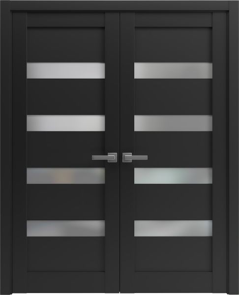 French Double Panel Lite Doors with Hardware | Quadro 4113 Matte Black with Frosted Opaque Glass | Panel Frame Trims | Bathroom Bedroom Interior Sturdy Door-36" x 80"-Butterfly