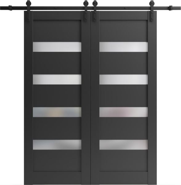 Sliding Double Barn Doors with Hardware | Quadro 4113 Matte Black with Frosted Opaque Glass | 13FT Rail Sturdy Set | Kitchen Lite Wooden Solid Panel Interior Bedroom Bathroom Door
