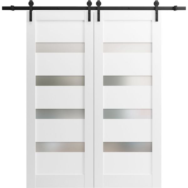 Sliding Double Barn Doors with Hardware | Quadro 4113 White Silk with Frosted Opaque Glass | 13FT Rail Sturdy Set | Kitchen Lite Wooden Solid Panel Interior Bedroom Bathroom Door-36" x 80" (2* 18x80)-Black Rail