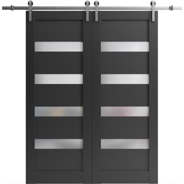 Sliding Double Barn Doors with Hardware | Quadro 4113 Matte Black with Frosted Opaque Glass | Silver 13FT Rail Sturdy Set | Kitchen Lite Wooden Solid Panel Interior Bedroom Bathroom Door