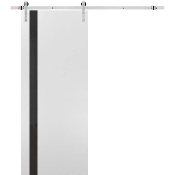 Sturdy Barn Door | Planum 0040 White Silk with Black Glass | Silver 6.6FT Rail Hangers Heavy Hardware Set | Solid Panel Interior Doors