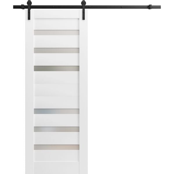 Sturdy Barn Door Frosted Glass | Quadro 4266 White Silk | 6.6FT Rail Hangers Heavy Hardware Set | Solid Panel Interior Doors-18" x 80"-Black Rail