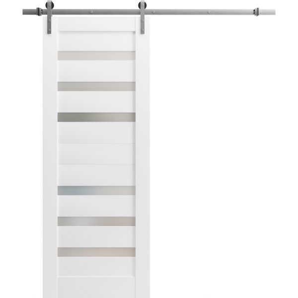 Sturdy Barn Door Frosted Glass | Quadro 4266 White Silk | 6.6FT Silver Rail Hangers Heavy Hardware Set | Solid Panel Interior Doors