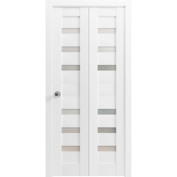 Sliding Closet Bi-fold Doors | Quadro 4266 White Silk with Frosted Glass | Sturdy Tracks Moldings Trims Hardware Set | Wood Solid Bedroom Wardrobe Doors 