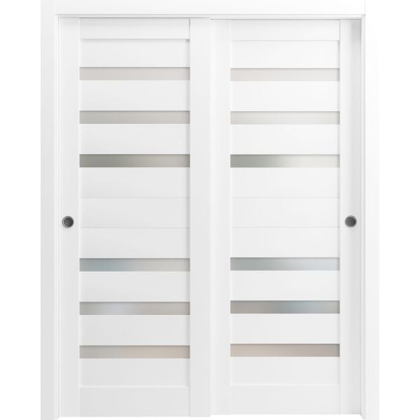 Sliding Closet Bypass Doors with Frosted Glass | Quadro 4266 White Silk| Sturdy Rails Moldings Trims Hardware Set | Wood Solid Bedroom Wardrobe Doors 