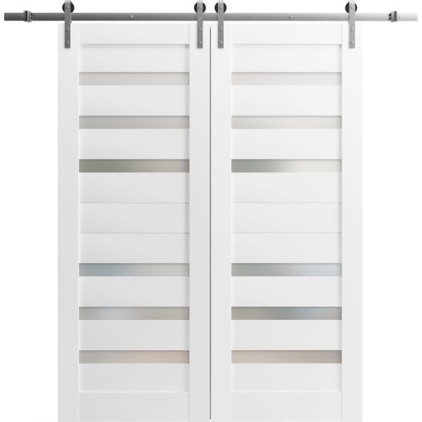 Sturdy Double Barn Door | Quadro 4266 White Silk with Frosted Glass | Silver 13FT Rail Hangers Heavy Set | Solid Panel Interior Doors