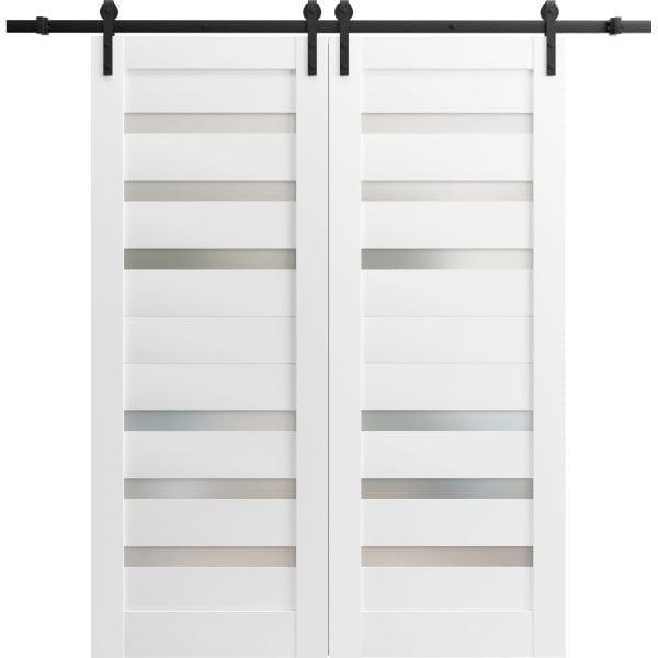 Sturdy Double Barn Door | Quadro 4266 White Silk with Frosted Glass | 13FT Rail Hangers Heavy Set | Solid Panel Interior Doors