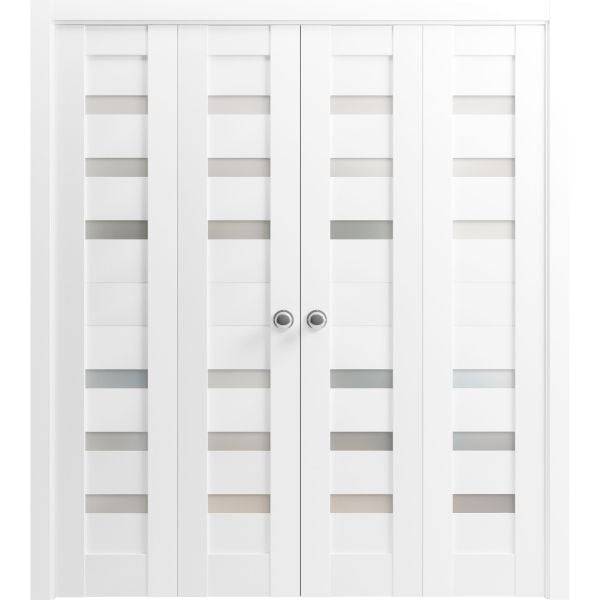 Sliding Closet Double Bi-fold Doors | Quadro 4266 White Silk with Frosted Glass | Sturdy Tracks Moldings Trims Hardware Set | Wood Solid Bedroom Wardrobe Doors 