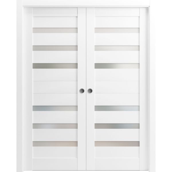 Sliding French Double Pocket Doors | Quadro 4266 White Silk with Frosted Glass | Kit Trims Rail Hardware | Solid Wood Interior Bedroom Sturdy Doors