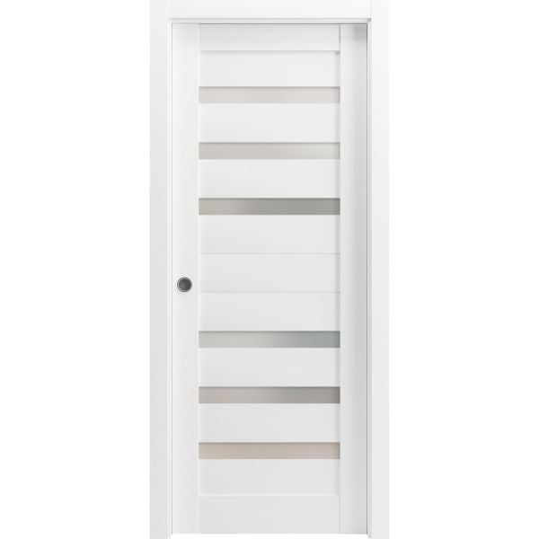 Sliding French Pocket Door with Frosted Glass | Quadro 4266 White Silk | Kit Trims Rail Hardware | Solid Wood Interior Bedroom Sturdy Doors