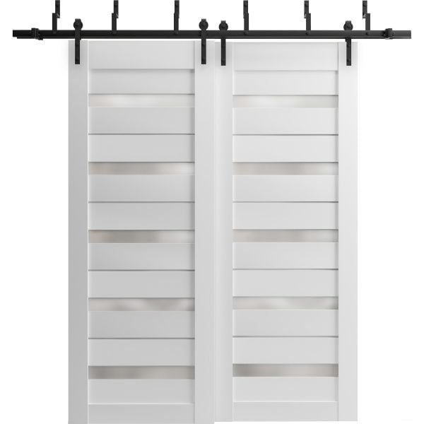 Sliding Closet Barn Bypass Doors | Quadro 4445 White Silk with Frosted Glass | Sturdy 6.6ft Rails Hardware Set | Wood Solid Bedroom Wardrobe Doors 