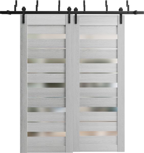 Sliding Closet Barn Bypass Doors with Frosted Glass | Quadro 4445 Light Grey Oak | Sturdy 6.6ft Rails Hardware Set | Wood Solid Bedroom Wardrobe Doors -36" x 80" (2* 18x80)