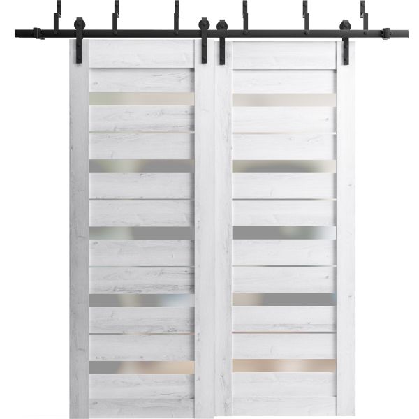 Sliding Closet Barn Bypass Doors with Frosted Glass | Quadro 4445 Nordic White | Sturdy 6.6ft Rails Hardware Set | Wood Solid Bedroom Wardrobe Doors 