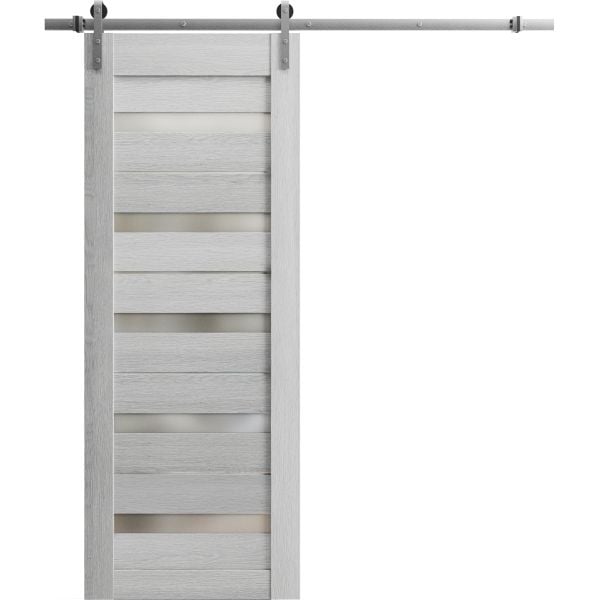 Sturdy Barn Door | Quadro 4445 Light Grey Oak with Frosted Glass | 6.6FT Silver Rail Hangers Heavy Hardware Set | Solid Panel Interior Doors