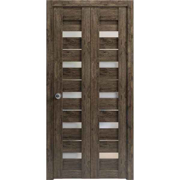 Sliding Closet Bi-fold Doors | Quadro 4445 Cognac Oak with Frosted Glass | Sturdy Tracks Moldings Trims Hardware Set | Wood Solid Bedroom Wardrobe Doors 