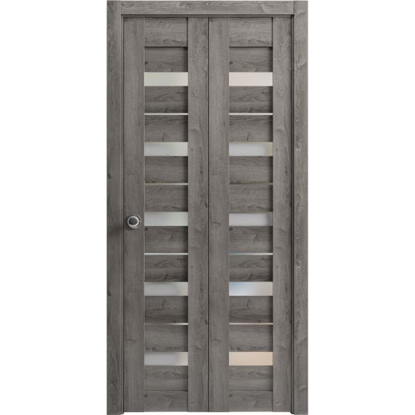 Sliding Closet Bi-fold Doors | Quadro 4445 Nebraska Grey with Frosted Glass | Sturdy Tracks Moldings Trims Hardware Set | Wood Solid Bedroom Wardrobe Doors 