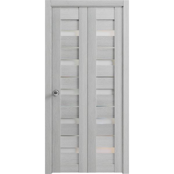 Sliding Closet Bi-fold Doors | Quadro 4445 Light Grey Oak with Frosted Glass | Sturdy Tracks Moldings Trims Hardware Set | Wood Solid Bedroom Wardrobe Doors 