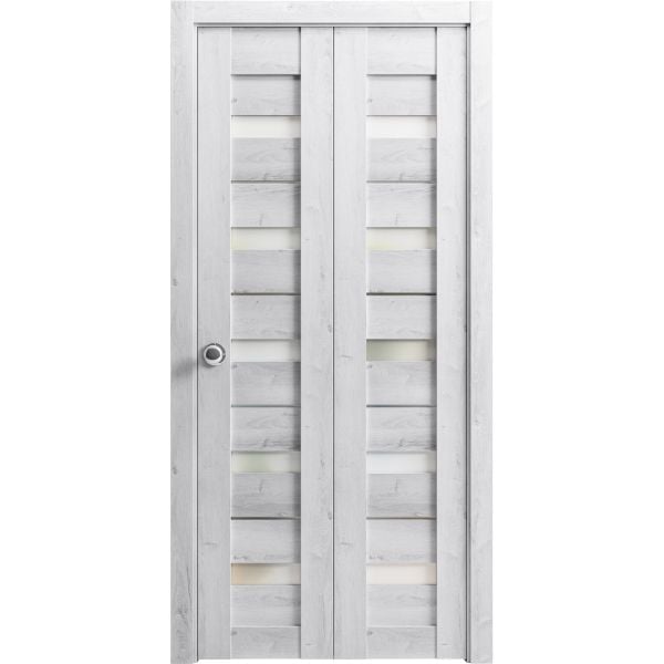 Sliding Closet Bi-fold Doors | Quadro 4445 Nordic White with Frosted Glass | Sturdy Tracks Moldings Trims Hardware Set | Wood Solid Bedroom Wardrobe Doors 