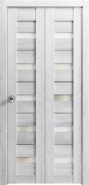 Sliding Closet Bi-fold Doors | Quadro 4445 Nordic White with Frosted Glass | Sturdy Tracks Moldings Trims Hardware Set | Wood Solid Bedroom Wardrobe Doors 