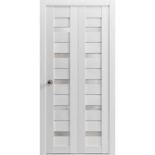 Sliding Closet Bi-fold Doors | Quadro 4445 White Silk with Frosted Glass | Sturdy Tracks Moldings Trims Hardware Set | Wood Solid Bedroom Wardrobe Doors 