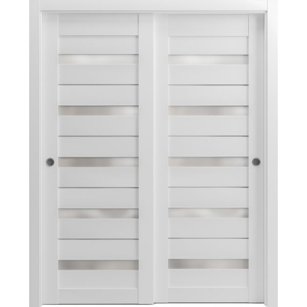 Sliding Closet Bypass Doors | Quadro 4445 White Silk with Frosted Glass | Sturdy Rails Moldings Trims Hardware Set | Wood Solid Bedroom Wardrobe Doors 