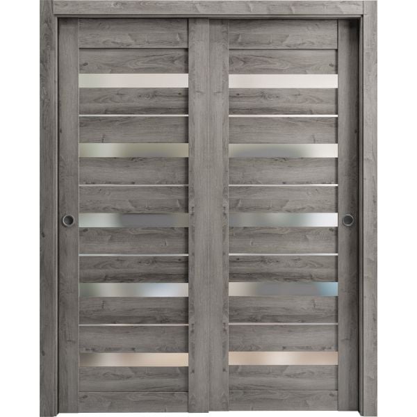 Sliding Closet Bypass Doors | Quadro 4445 Nebraska Grey with Frosted Glass | Sturdy Rails Moldings Trims Hardware Set | Wood Solid Bedroom Wardrobe Doors 