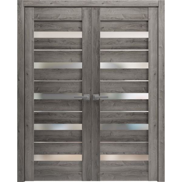 Solid French Double Doors | Quadro 4445 Nebraska Grey with Frosted Glass | Wood Solid Panel Frame Trims | Closet Bedroom Sturdy Doors 
