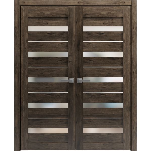 Solid French Double Doors Frosted Glass | Quadro 4445 Cognac Oak | Wood Solid Panel Frame Trims | Closet Bedroom Sturdy Doors 