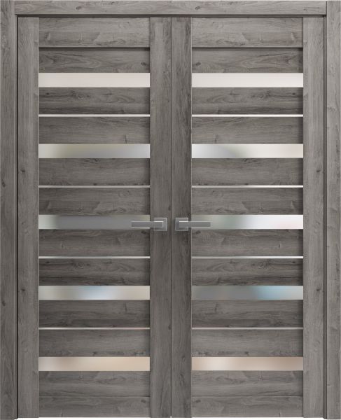Solid French Double Doors Frosted Glass | Quadro 4445 Nebraska Grey | Wood Solid Panel Frame Trims | Closet Bedroom Sturdy Doors -36" x 80" (2* 18x80)-Butterfly