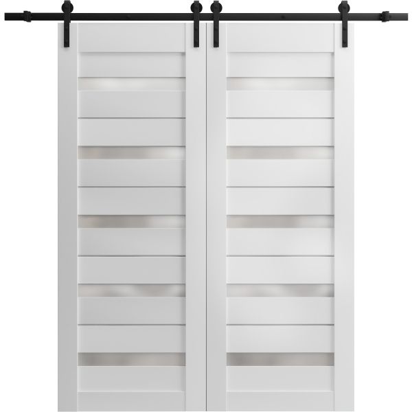 Sturdy Double Barn Door with Frosted Glass | Quadro 4445 White Silk | 13FT Rail Hangers Heavy Set | Solid Panel Interior Doors
