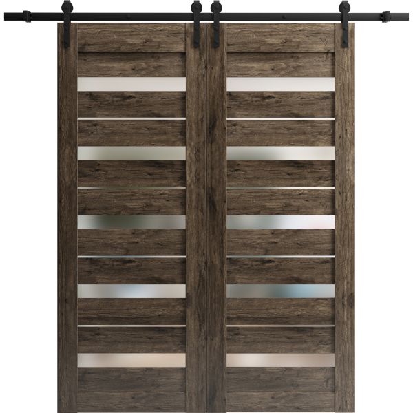 Sturdy Double Barn Door | Quadro 4445 Cognac Oak with Frosted Glass | 13FT Rail Hangers Heavy Set | Solid Panel Interior Doors