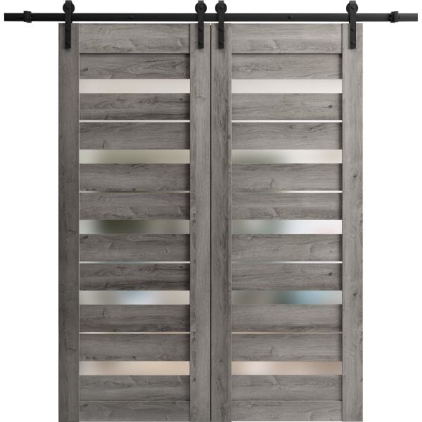 Sturdy Double Barn Door | Quadro 4445 Nebraska Grey with Frosted Glass | 13FT Rail Hangers Heavy Set | Solid Panel Interior Doors