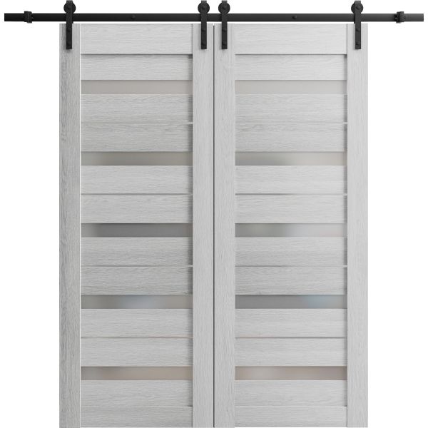 Sturdy Double Barn Door with Frosted Glass | Quadro 4445 Light Grey Oak | 13FT Rail Hangers Heavy Set | Solid Panel Interior Doors