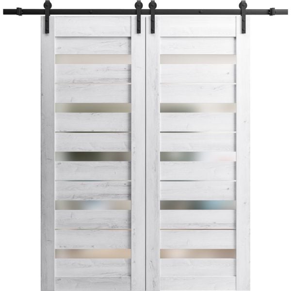 Sturdy Double Barn Door with Frosted Glass | Quadro 4445 Nordic White | 13FT Rail Hangers Heavy Set | Solid Panel Interior Doors