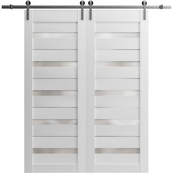 Sturdy Double Barn Door with Frosted Glass | Quadro 4445 White Silk | Silver 13FT Rail Hangers Heavy Set | Solid Panel Interior Doors